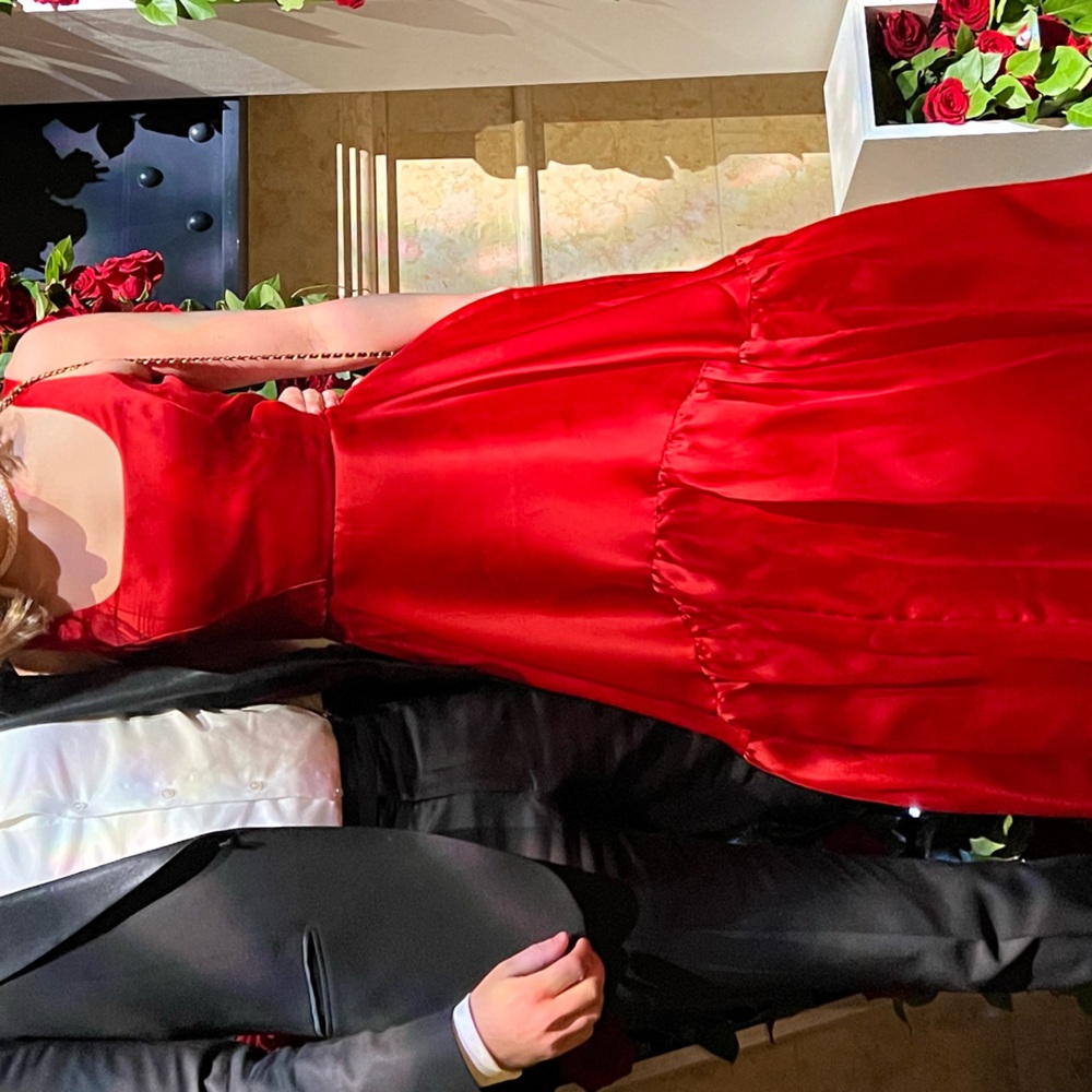 Red Milly Tiered Silk Evening Gown